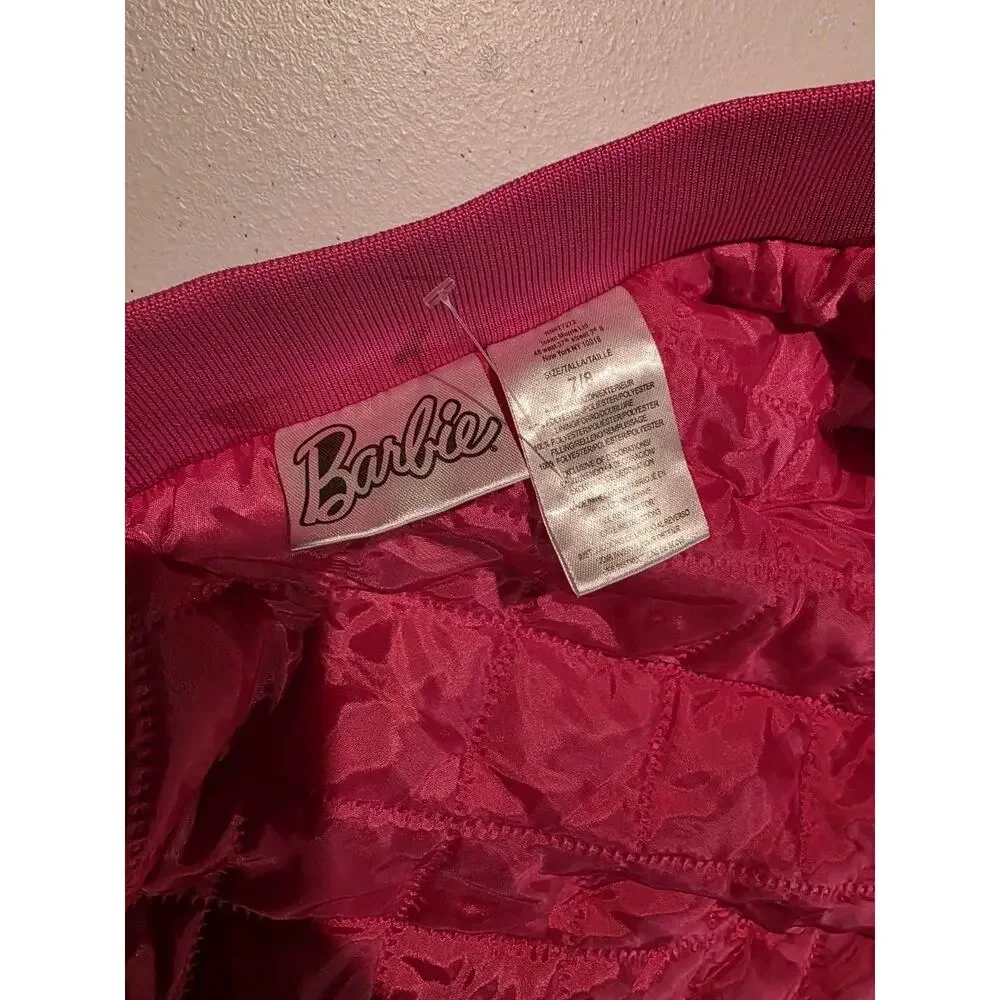Barbie Bomber Jacket Girls 7/8 Button Up Varsity 59 Pink Youth Kids Coat